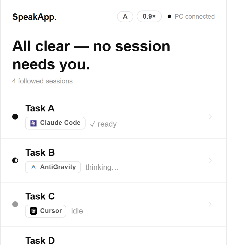 SpeakApp mobile interface: the PC is connected, four sessions are tracked, and none is waiting for a reply.