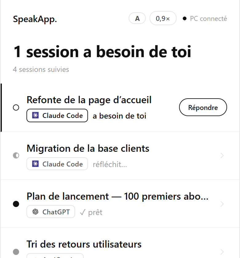L’application mobile SpeakApp : le PC est connecté, quatre sessions sont suivies, une attend ta réponse.